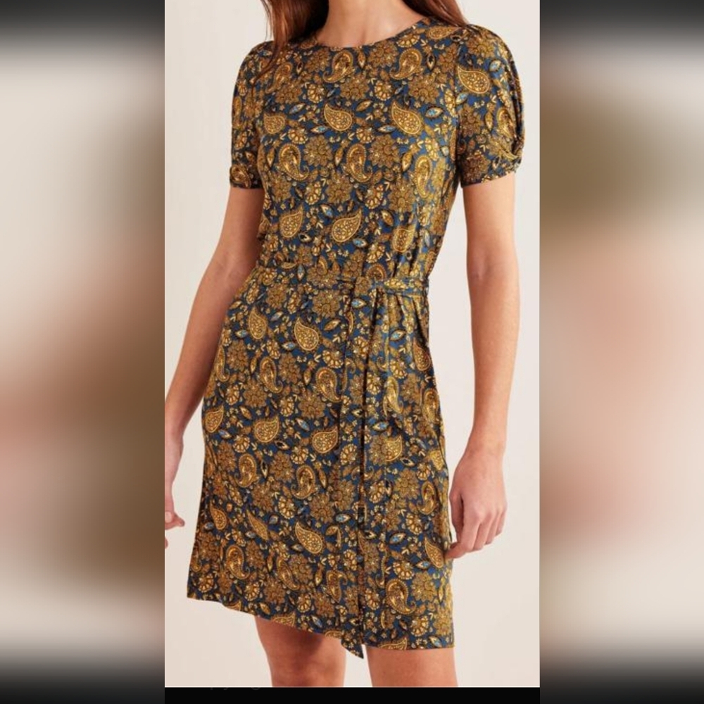 Boden Paisley Print Midi Dress in Navy and Gold NWOT